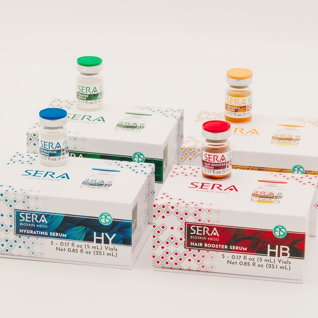 SERA BioSkin Meso serum boxes and vials — hydrating, firming, radiance and hair booster