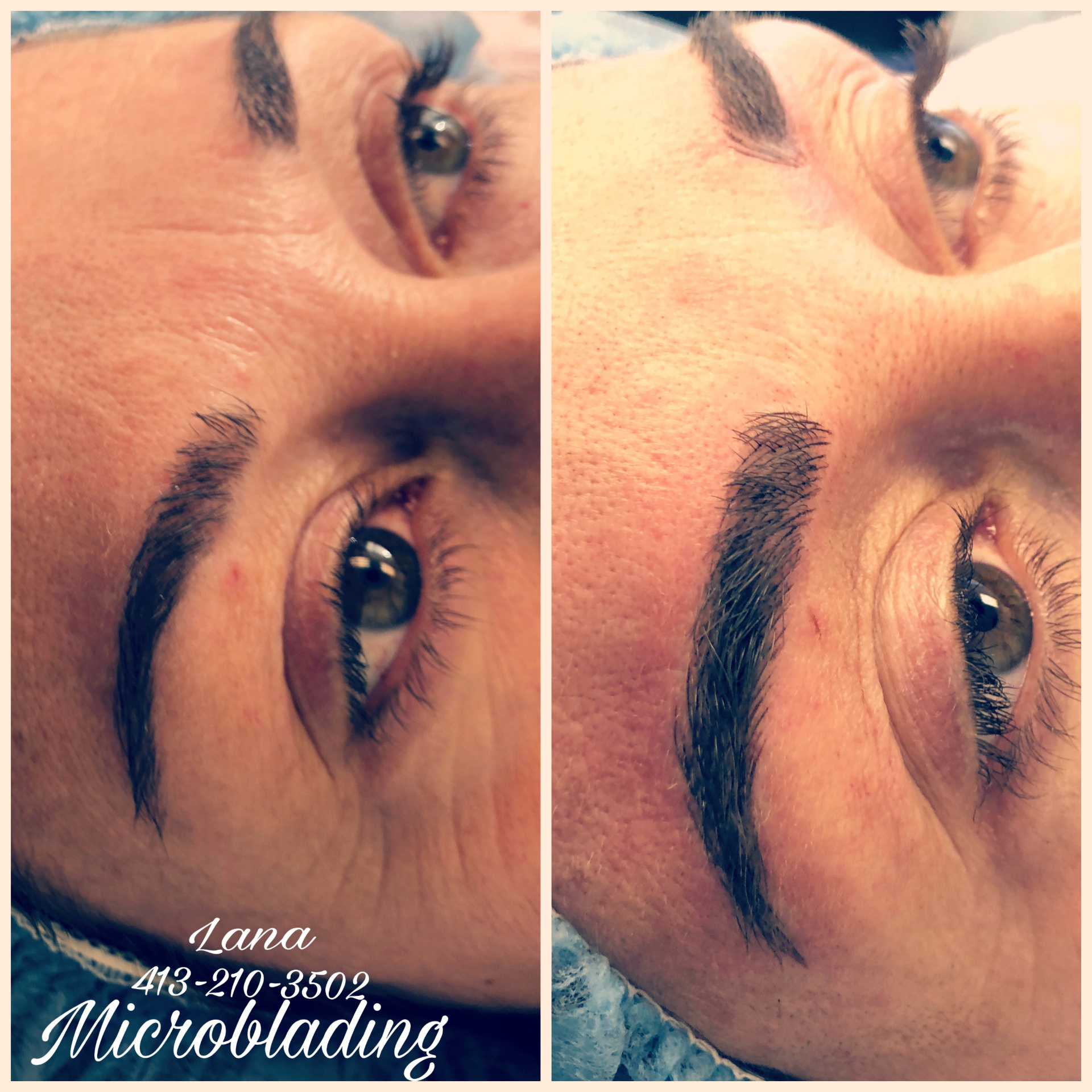 Microblading before and after — shaped, fuller brows