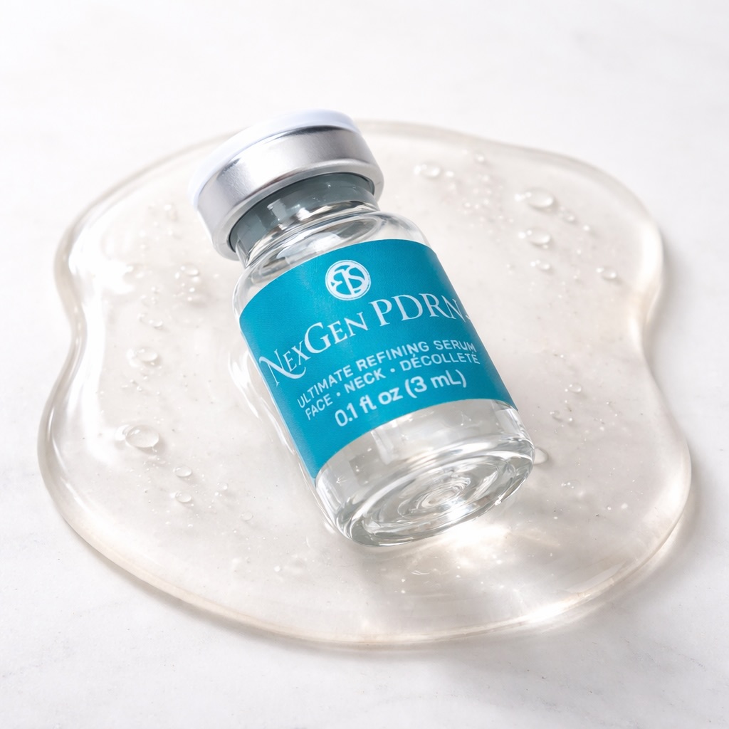 NexGen PDRN+ ultimate refining serum vial on a serum droplet