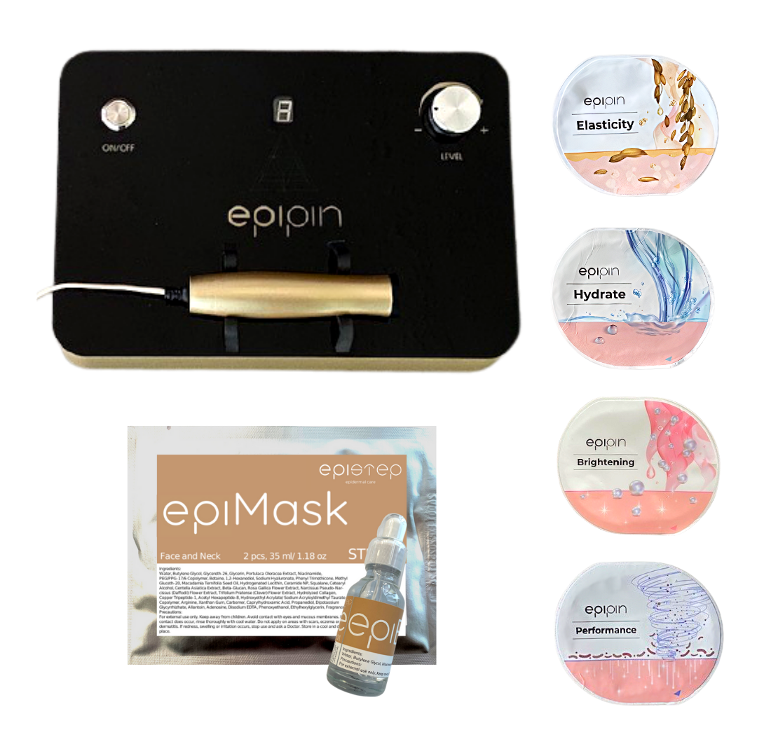 Epi-Pin Pro nano microneedling device with Elasticity, Hydrate, Brightening and Performance micropin attachments and epiMask