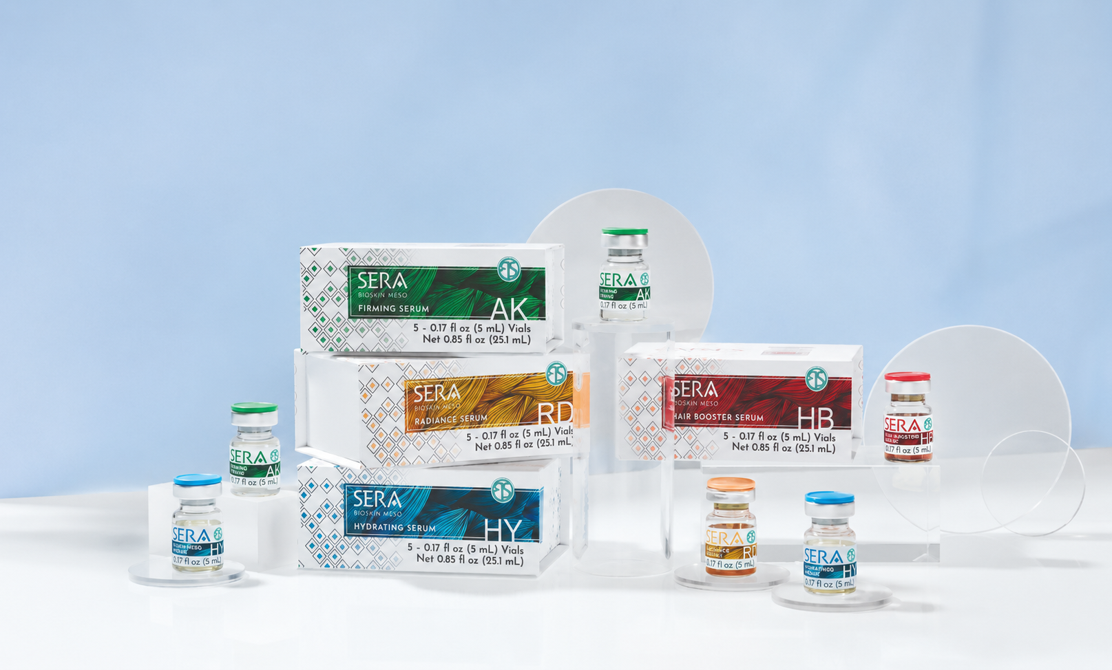 SERA BioSkin Meso serum line — Firming, Radiance, Hydrating and Hair Booster vials and boxes